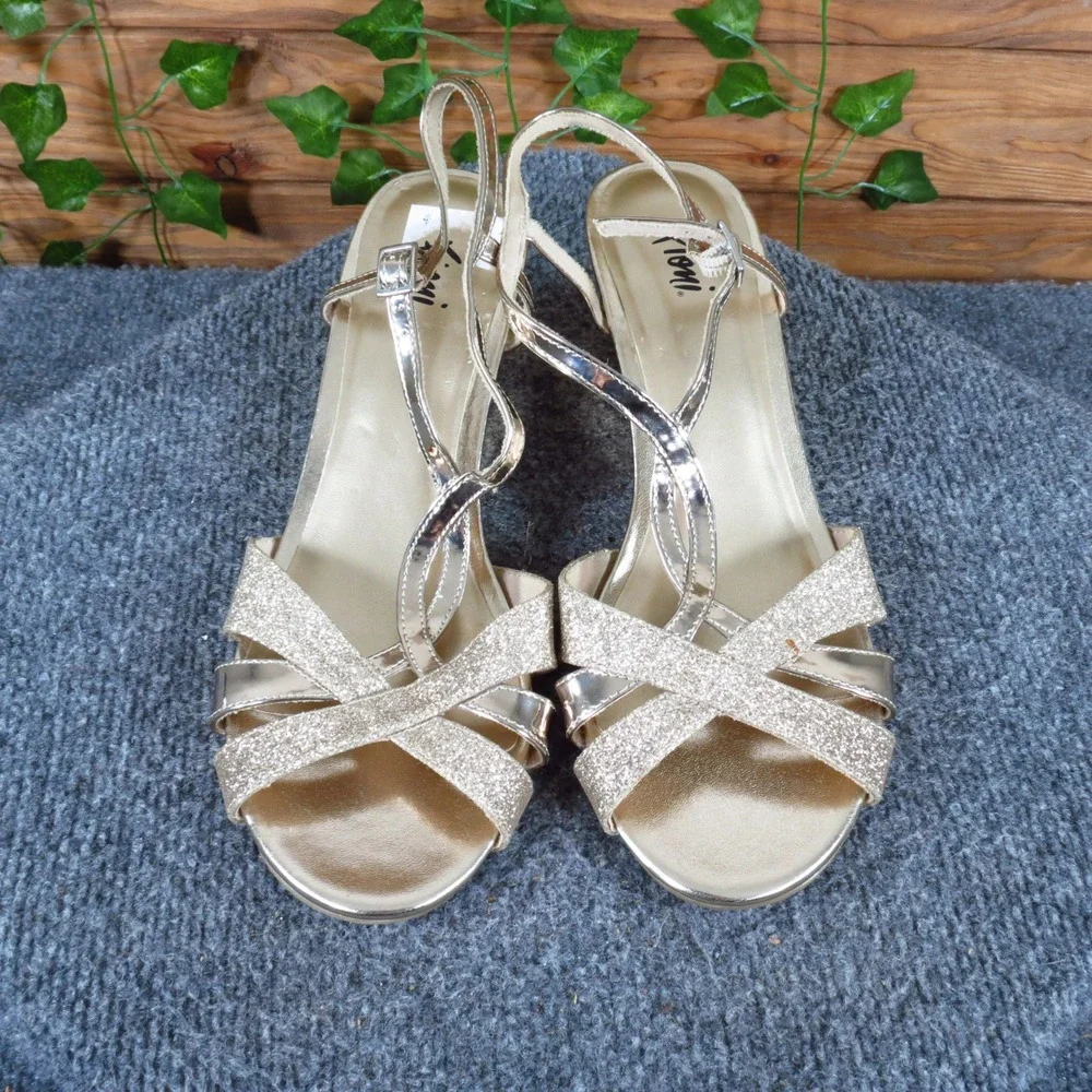 Fioni Women Wedge Sandal Sz 9 Wide Evening Special Occasion Gold Glitter Strappy
